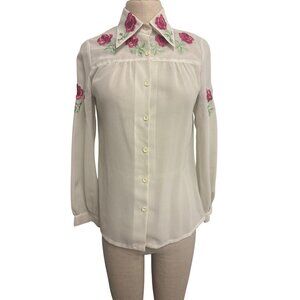 Vintage Ivory Sheer Button-Up Blouse With Pink Floral Embroidery and Puff Sleeve